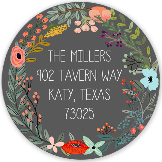 Charcoal Vine Wreath Round Address Labels